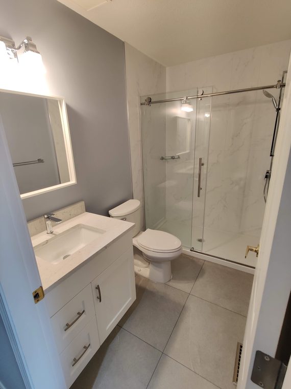 Bathroom with a glass shower, vanity and wide mirror